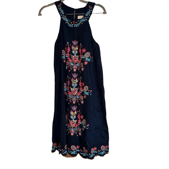 LulaSoul Navy Blue Embroidered Halter Dress Size Medium - Picture 2 of 10